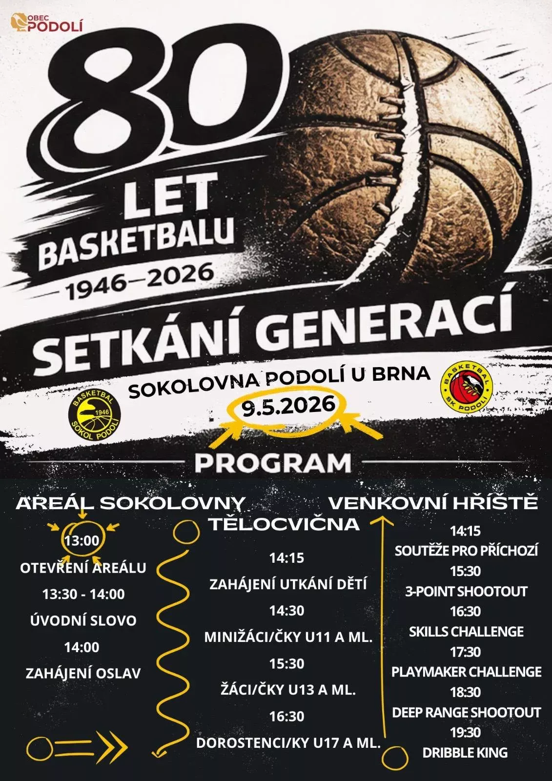 Plakát 80 let basketbalu – setkání generací s programem oslavy 9. 5. 2026 v areálu sokolovny, v tělocvičně a na venkovním hřišti