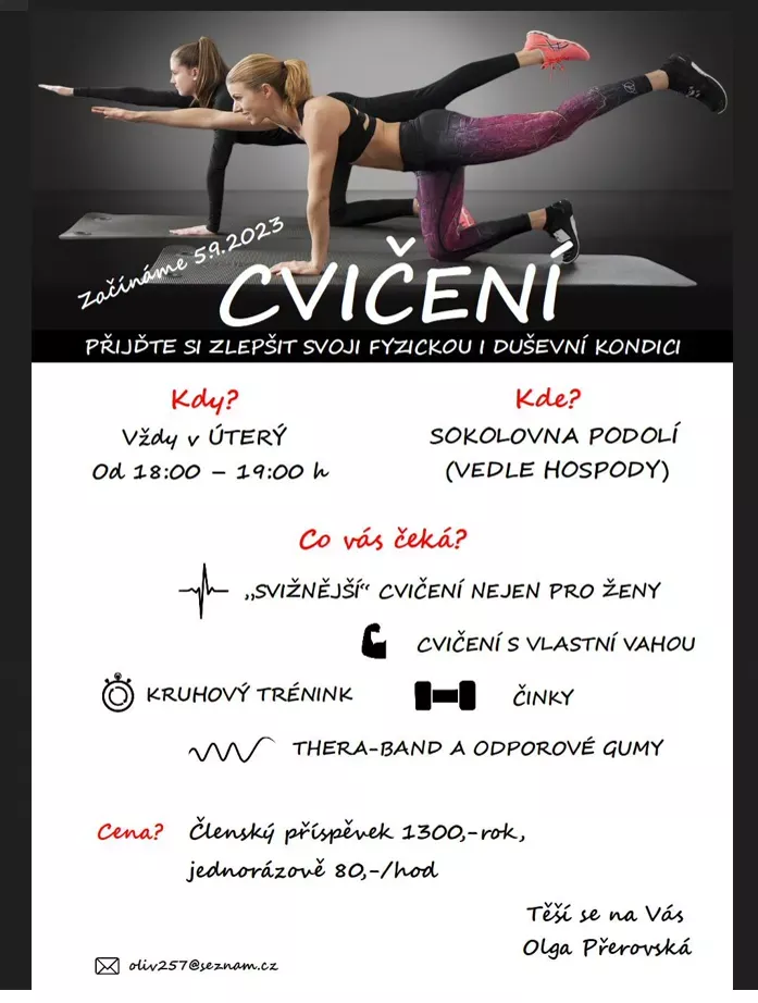 Plakát Cvičení – vždy v úterý 18:00–19:00 v sokolovně Podolí, s cvičenkou na podložce