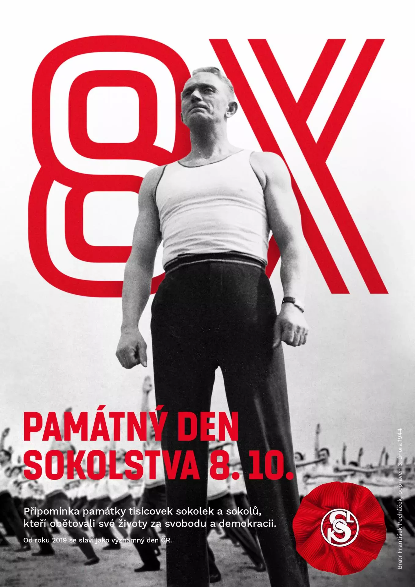 Plakát Památný den sokolstva 8. 10. s historickou fotografií sokola
