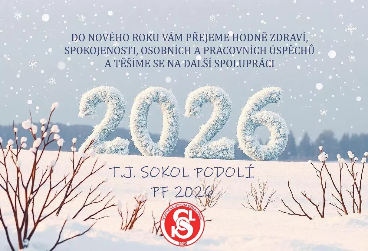 Novoroční přání T. J. Sokol Podolí PF 2026 se zasněženým nápisem 2026