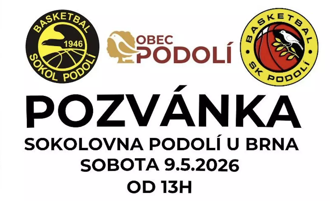 Pozvánka na oslavu 80 let basketbalu – sokolovna Podolí u Brna, sobota 9. 5. 2026 od 13 hodin